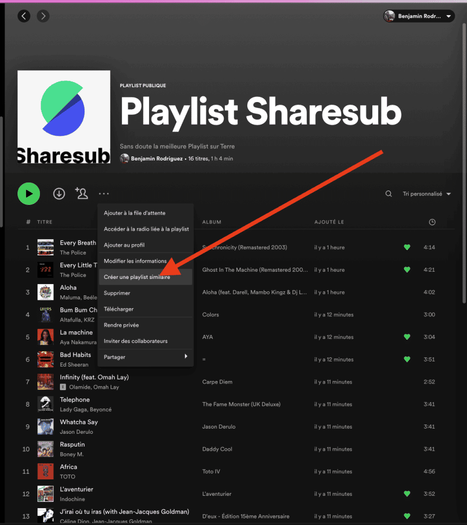 Capture d'écran de Spotify, menu d'une playlist avec une flèche vers l'option Créer une playlist similaire