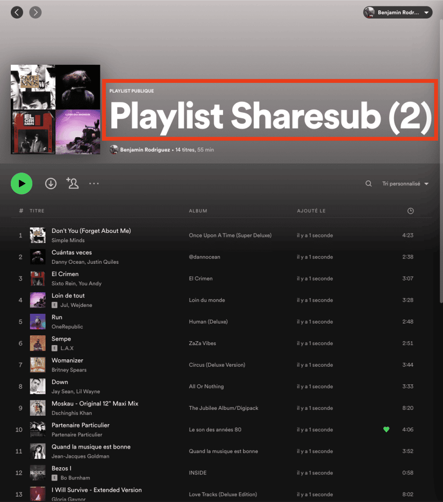 Capture d'écran de Spotify, en-tête de la playlist "Playlist Sharesub (2)" avec 4 albums