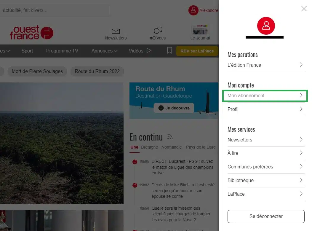 Capture d'écran d'Ouest-France, menu du compte avec la section Mes abonnements