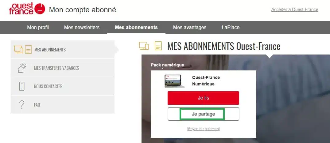 Capture d'écran d'Ouest-France, page Mes abonnements avec le bouton « Je partage » encadré en vert