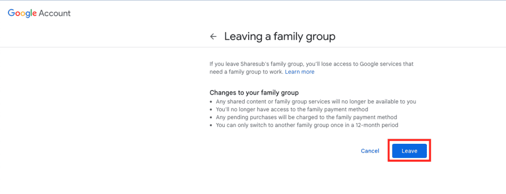 Request confirmation to leave your Google One family