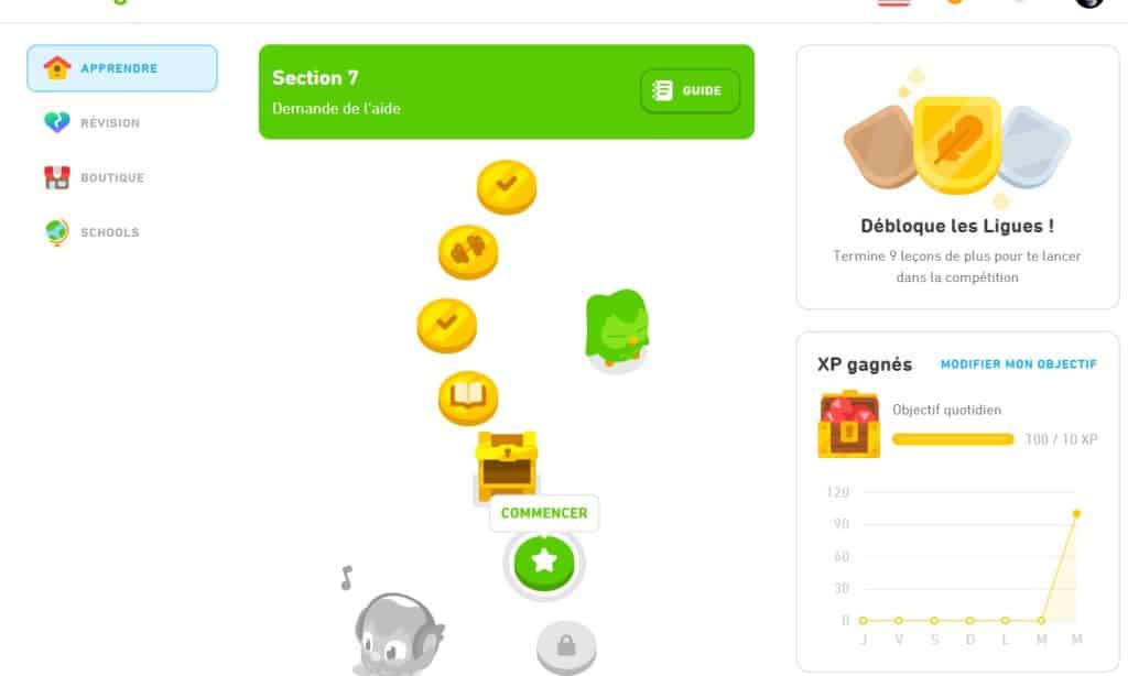 duolingo-Startbildschirm mit den verschiedenen Niveaustufen
