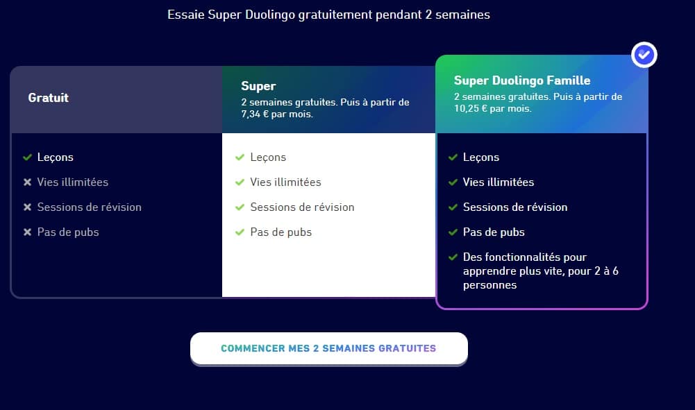 différents abonnements disponibles sur duolingo