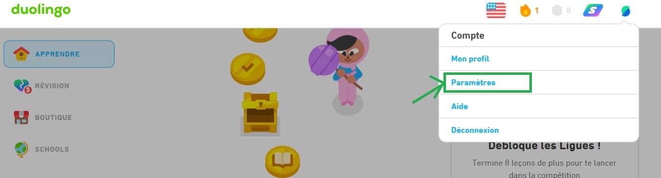 rendez vous dans les paramètres de votre compte Duolingo