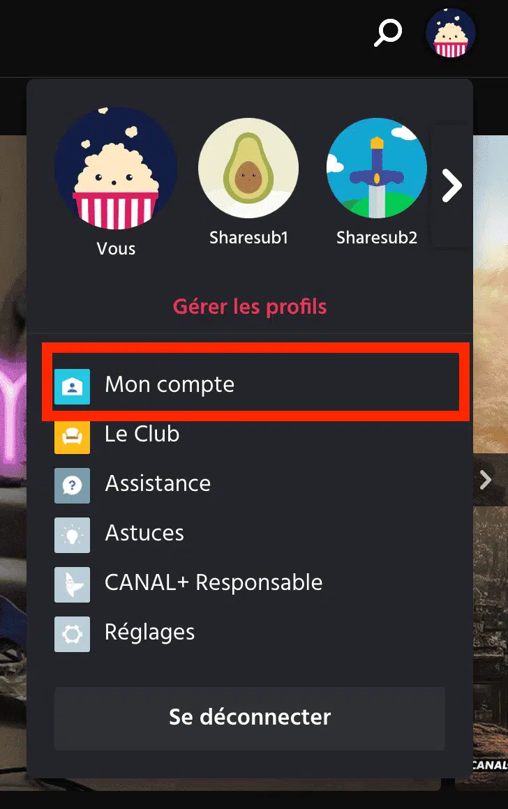 menu déroulant canal plus une fois connecté