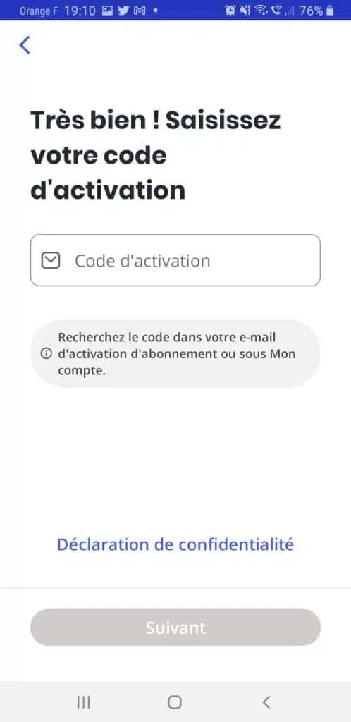 Page McAfee mobile pour entrer le code d'activation de l'abonnement