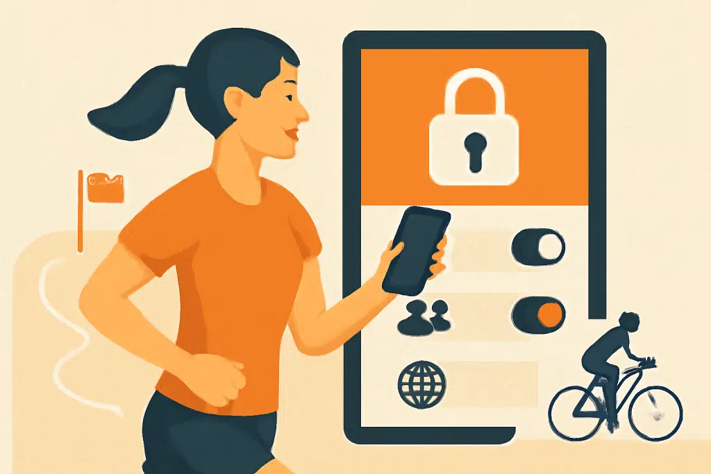 Illustration d'une femme qui court en tenant un smartphone, avec un cadenas, des réglages de confidentialité et un cycliste