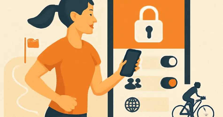 Coureuse tenant un téléphone devant un écran de réglages de confidentialité avec un cadenas