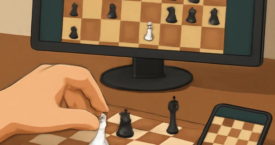 Illustration d'un échiquier en bois sur une table, d'une main déplaçant une pièce blanche et d'écrans Chess.com