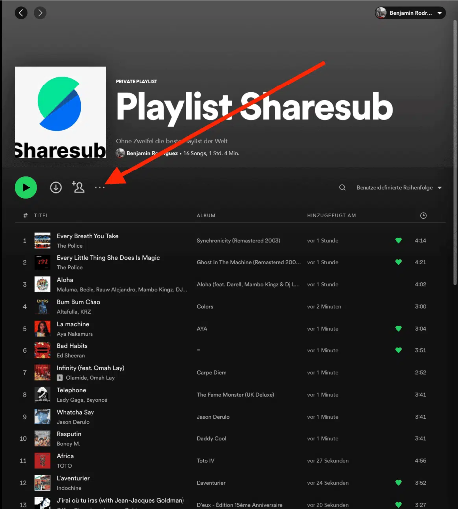 Screenshot von Spotify, Playlist „Playlist Sharesub“ mit einem Pfeil auf das Menü