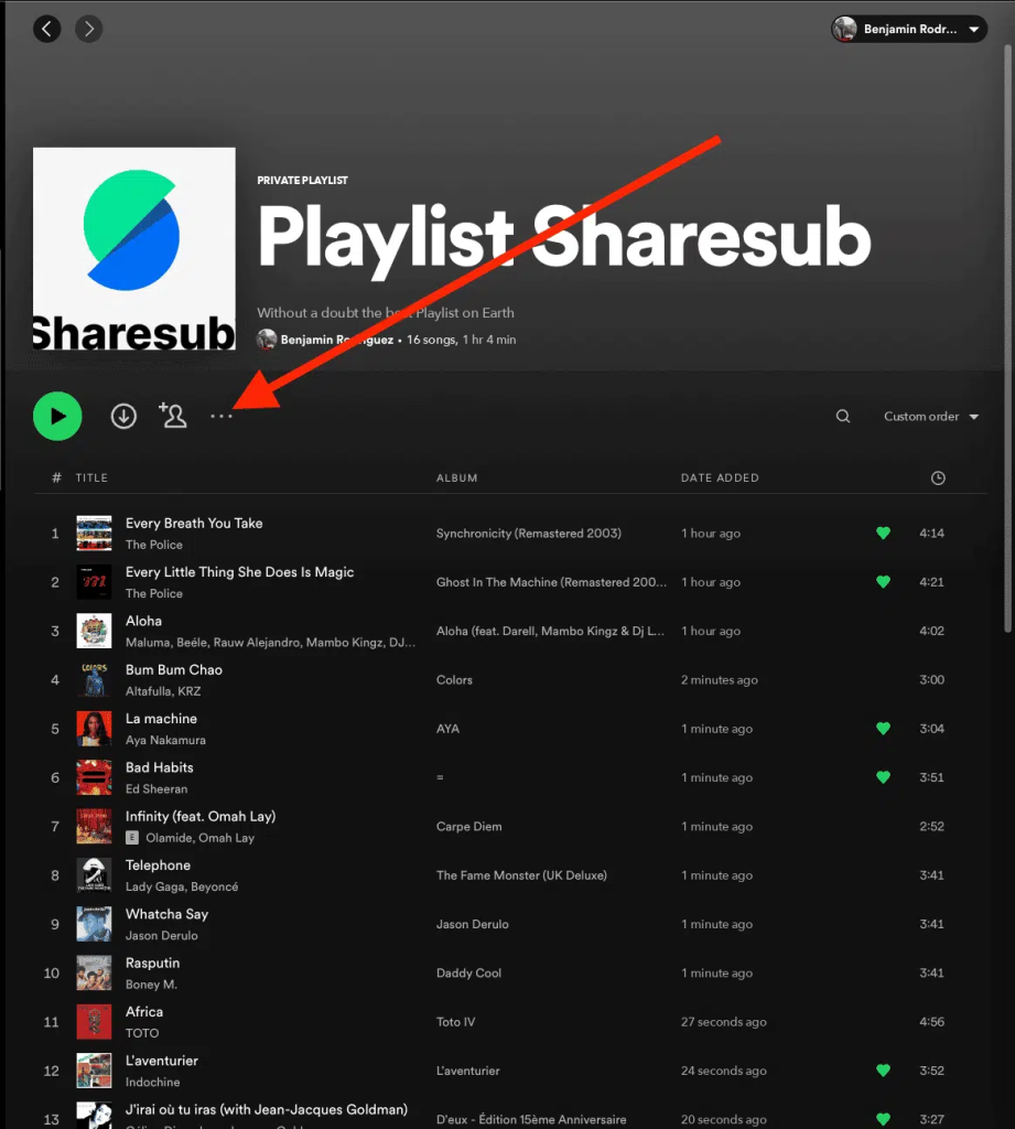 Zrzut ekranu Spotify, playlista „Playlist Sharesub” ze strzałką wskazującą menu