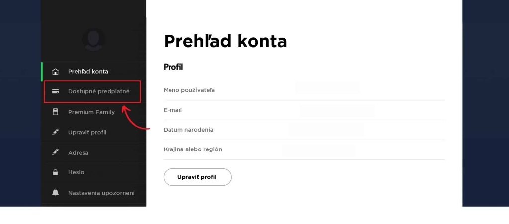 Menu účtu Spotify so zvýraznenou možnosťou „Dostupné predplatné“
