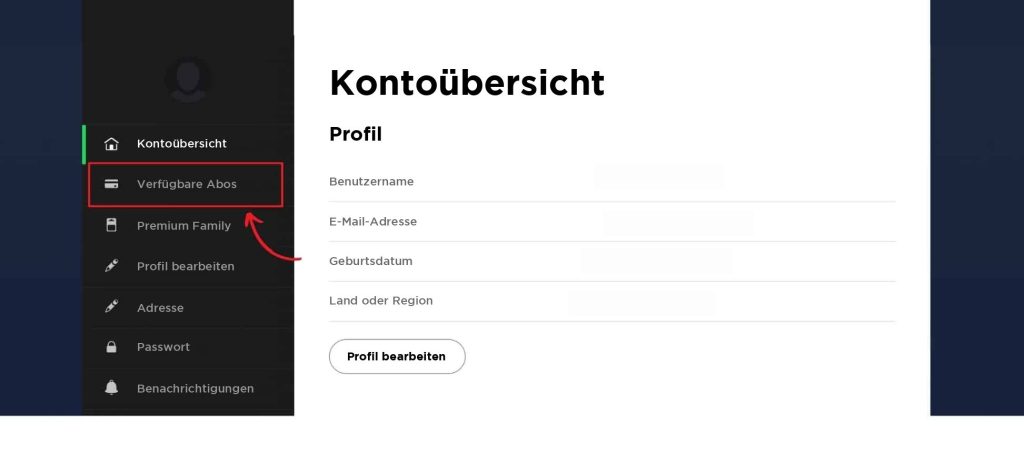 Spotify-Kontomenü mit hervorgehobener Option „Verfügbare Abos“