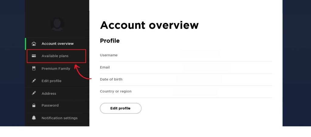 Menu účtu Spotify se zvýrazněnou možností „Dostupná předplatná“