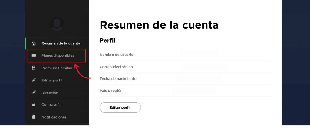 Menú de la cuenta de Spotify con la opción Suscripciones disponibles resaltada