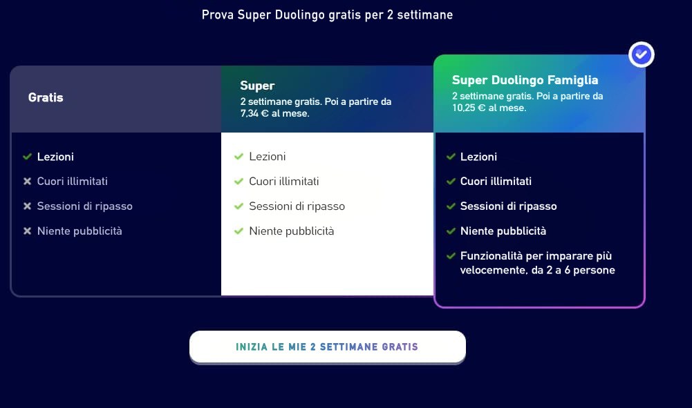 diversi abbonamenti disponibili su duolingo