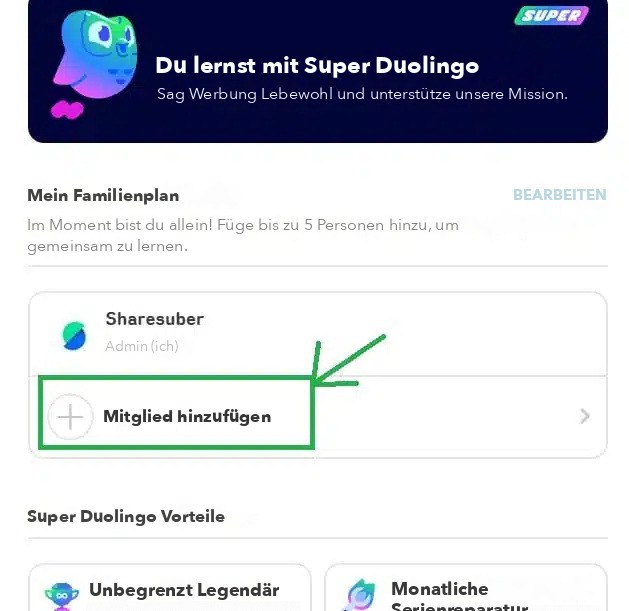 fügen Sie duolingo-Mitglieder zu Ihrem Konto hinzu