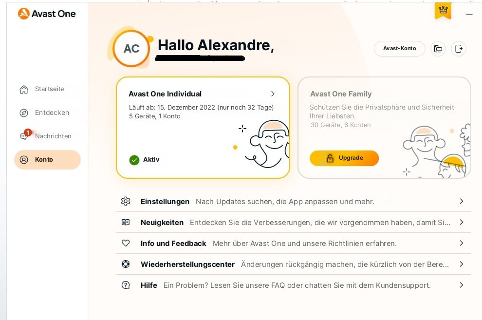 Screenshot der Avast-One-App mit einem aktiven Konto