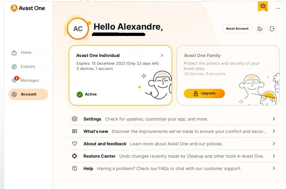 Στιγμιότυπο οθόνης της εφαρμογής Avast One με ενεργό λογαριασμό