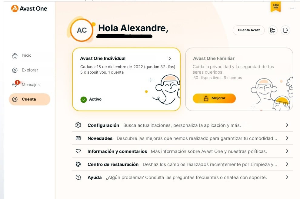 Captura de pantalla de la app Avast One con una cuenta activa