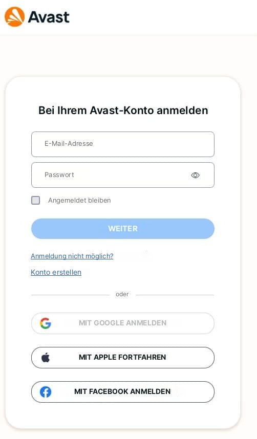 Screenshot des mobilen Anmeldeformulars von Avast