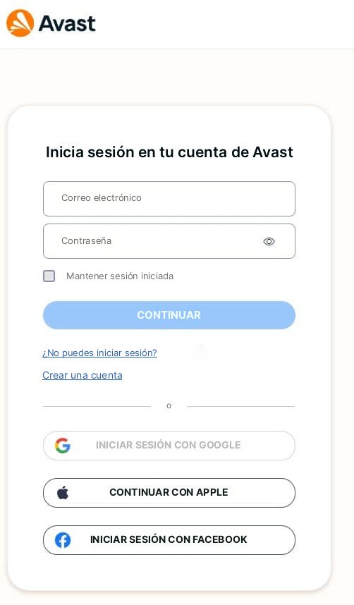 Captura de pantalla del formulario de inicio de sesión de Avast en el móvil