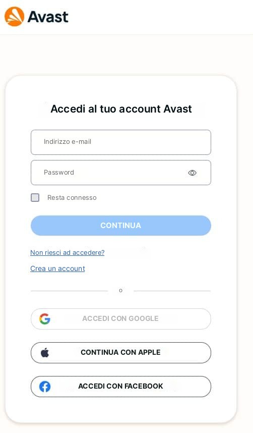 Screenshot del modulo di accesso di Avast su smartphone