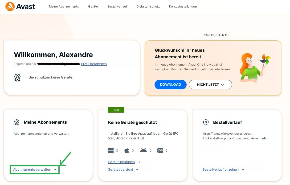 Screenshot des Avast-Kontos mit grün umrandetem Link „Abonnements verwalten“