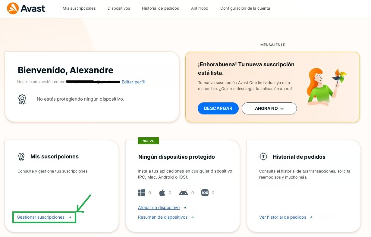 Captura de pantalla de la cuenta de Avast con el enlace Gestionar suscripciones enmarcado en verde