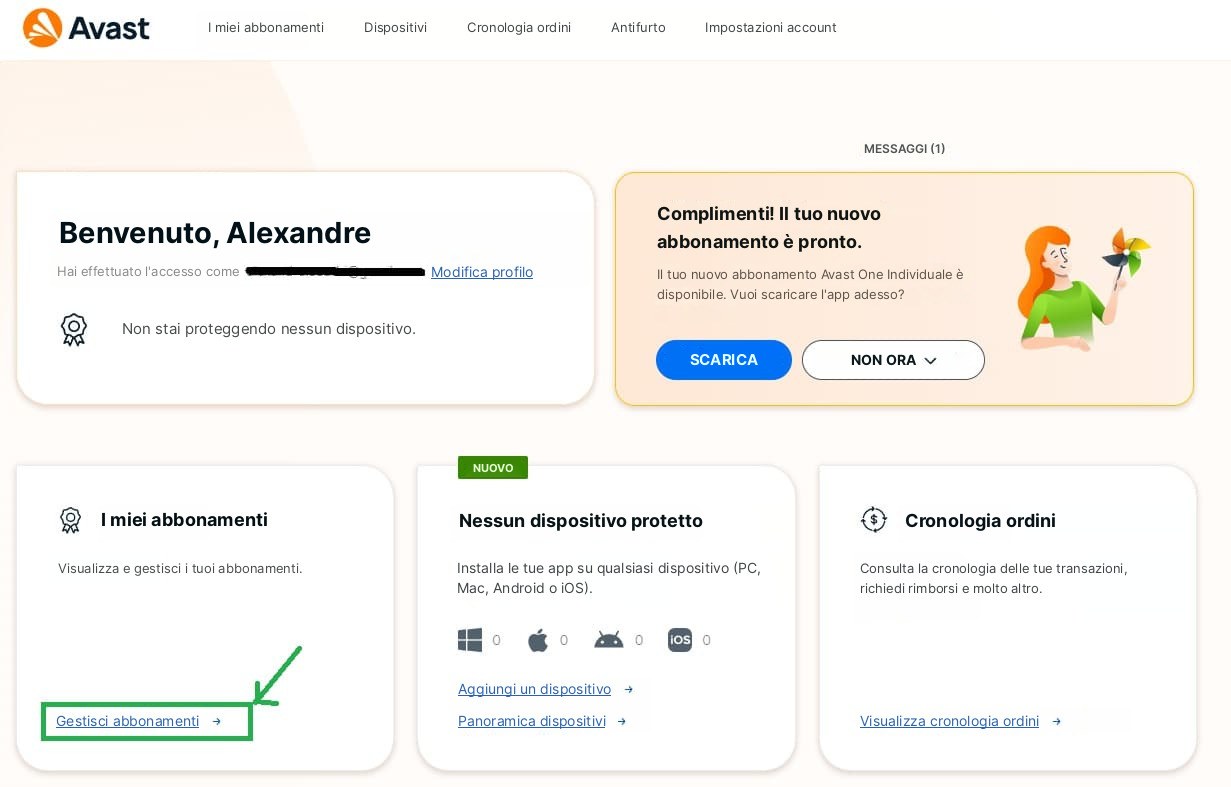 Screenshot dell'account Avast con il link Gestisci abbonamenti riquadrato in verde