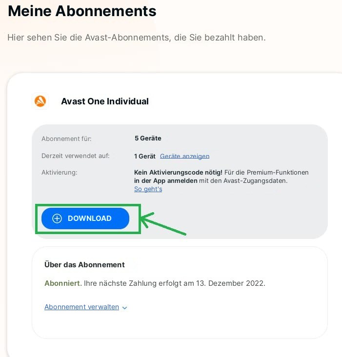 Screenshot der Avast-Seite „Meine Abonnements“ mit grün umrandeter Schaltfläche „Herunterladen“