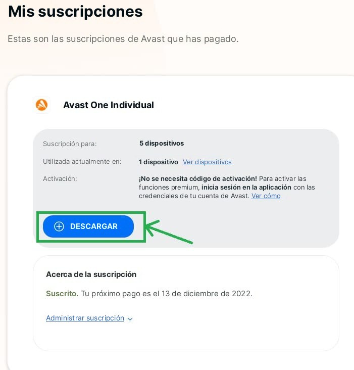 Captura de pantalla de la página Mis suscripciones de Avast con el botón Descargar enmarcado en verde