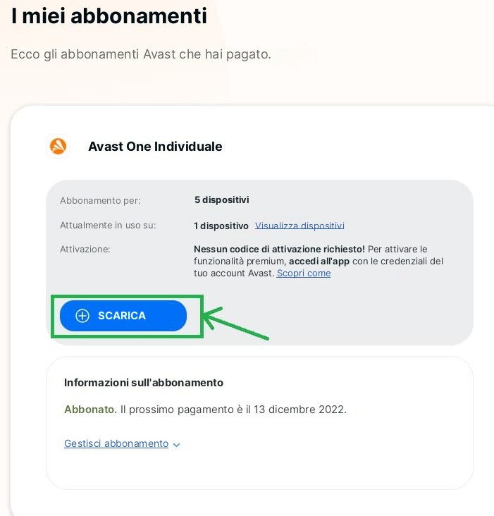 Screenshot della pagina I miei abbonamenti di Avast con il pulsante Scarica riquadrato in verde