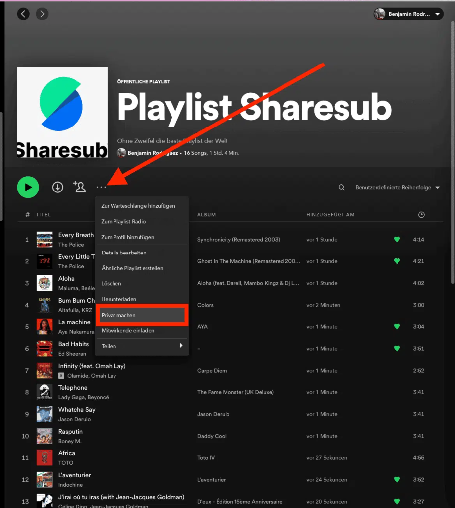 Screenshot des Menüs einer öffentlichen Spotify-Playlist mit rot umrandeter Option „Privat machen“