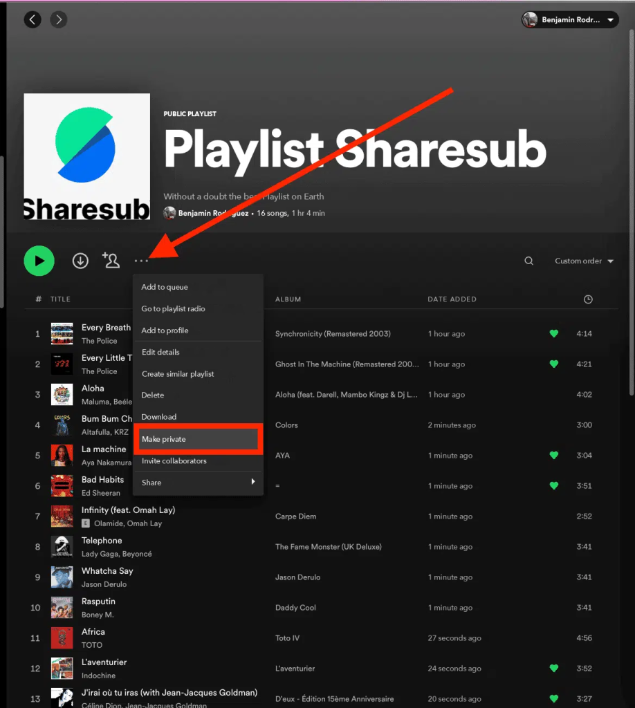 Zrzut ekranu menu publicznej playlisty Spotify z opcją „Ustaw jako prywatną” w czerwonej ramce
