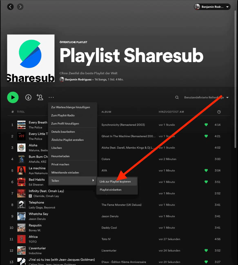 Screenshot von Spotify, Menü „Teilen“ einer Playlist mit einem Pfeil auf „Playlist-Link kopieren“