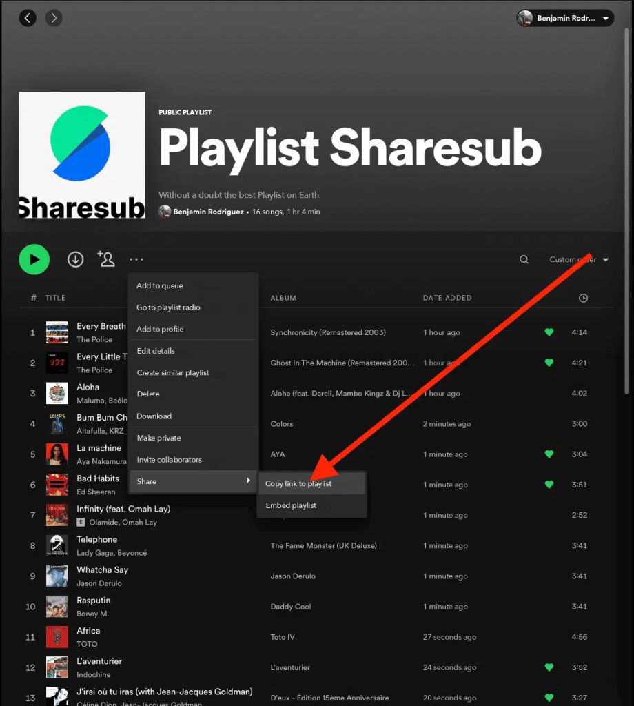Zrzut ekranu Spotify, menu „Udostępnij” playlisty ze strzałką wskazującą „Kopiuj link do playlisty”