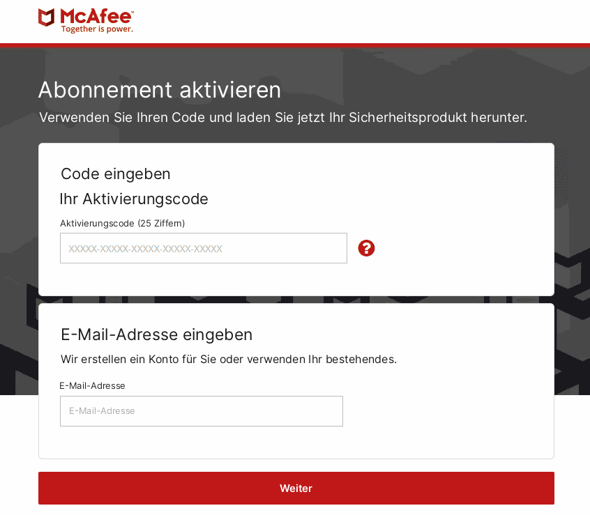 McAfee-Aktivierungsseite mit Eingabefeld für den Aktivierungscode