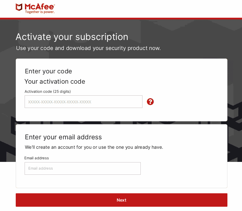 Σελίδα ενεργοποίησης McAfee με πεδίο εισαγωγής του κωδικού ενεργοποίησης