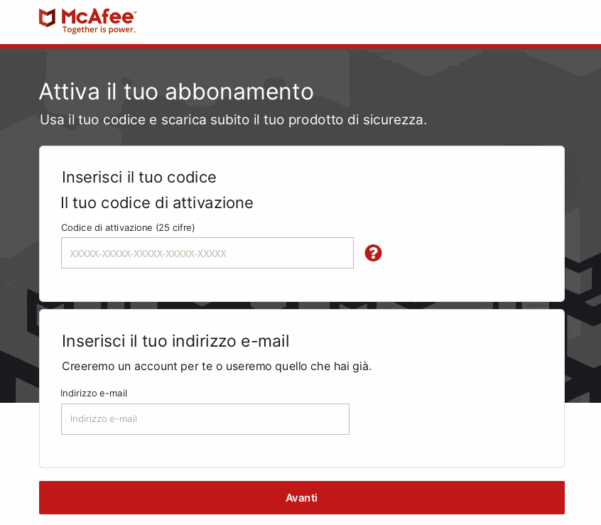 Pagina di attivazione di McAfee con il campo per inserire il codice di attivazione