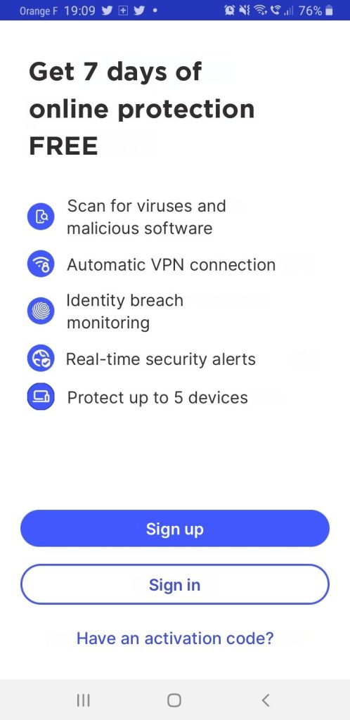 Εφαρμογή McAfee για κινητό με τις επιλογές Ιοί, VPN, Ταυτότητα και Ειδοποιήσεις