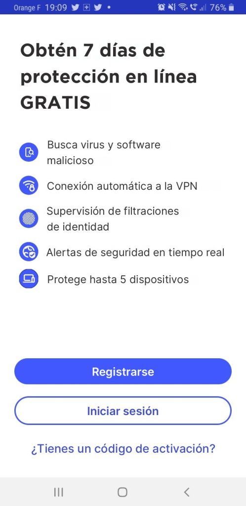 Aplicación móvil de McAfee con las opciones Virus, VPN, Identidad y Alertas