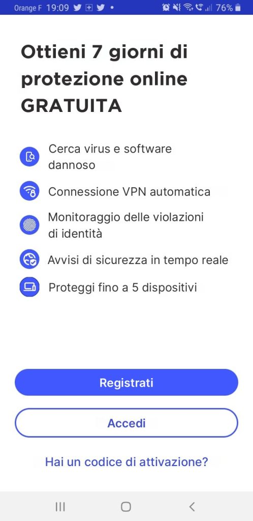 App McAfee per smartphone con le opzioni Virus, VPN, Identità e Avvisi