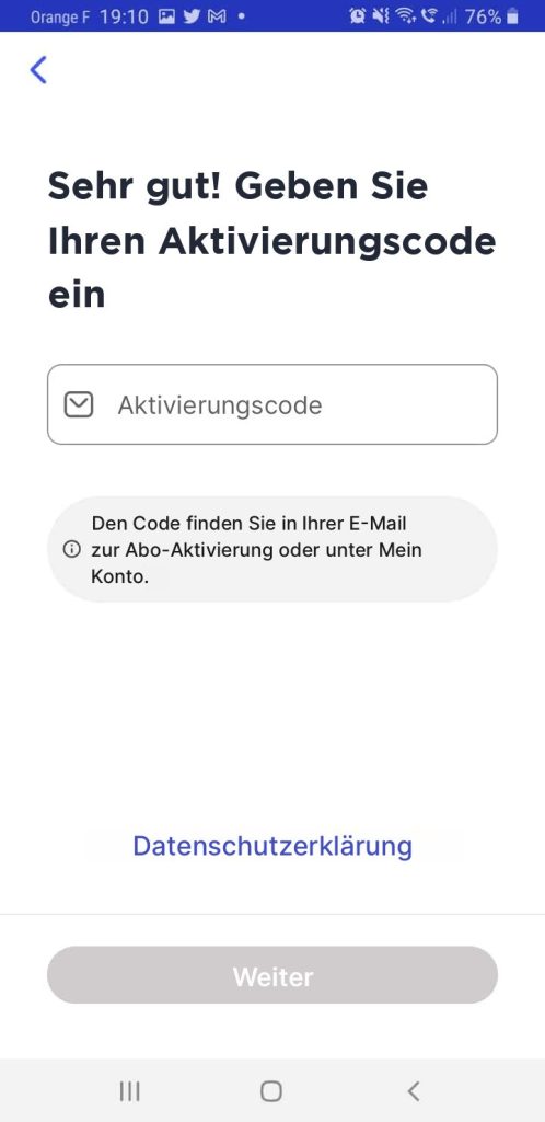 Mobile McAfee-Seite zur Eingabe des Aktivierungscodes für das Abonnement