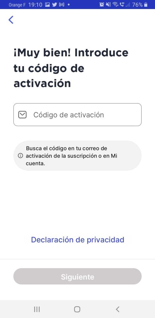 Página móvil de McAfee para introducir el código de activación de la suscripción