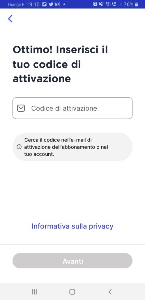 Pagina mobile di McAfee per inserire il codice di attivazione dell'abbonamento