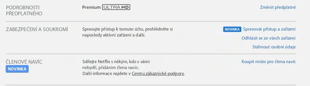 Stránka účtu Netflix se sekcí „Další uživatelé“ a odkazem „Koupit možnost dalšího uživatele“