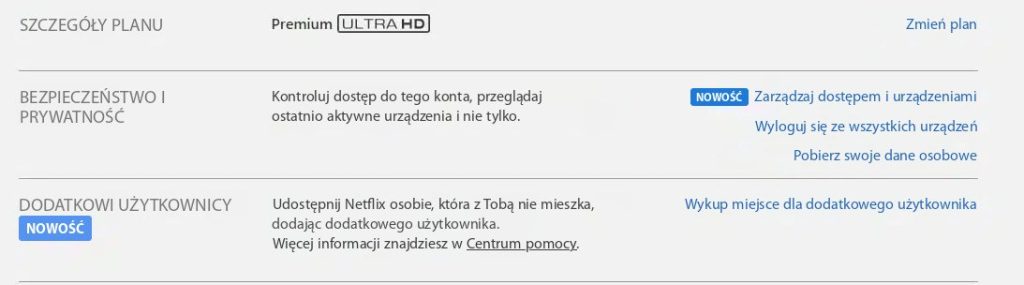 Strona konta Netflix z sekcją „Dodatkowi użytkownicy” i linkiem „Kup opcję dodatkowego użytkownika”