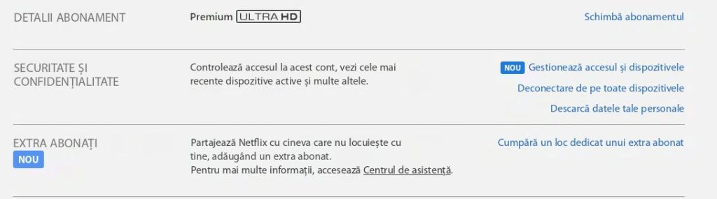 Pagina contului Netflix cu secțiunea Membri suplimentari și linkul Cumpărați o opțiune de membru suplimentar