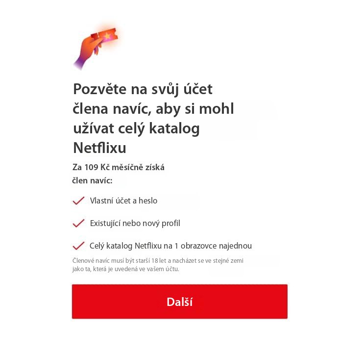 Obrazovka Netflix „Pozvěte dalšího uživatele“ za 5,99 € měsíčně, s výhodami a tlačítkem „Další“